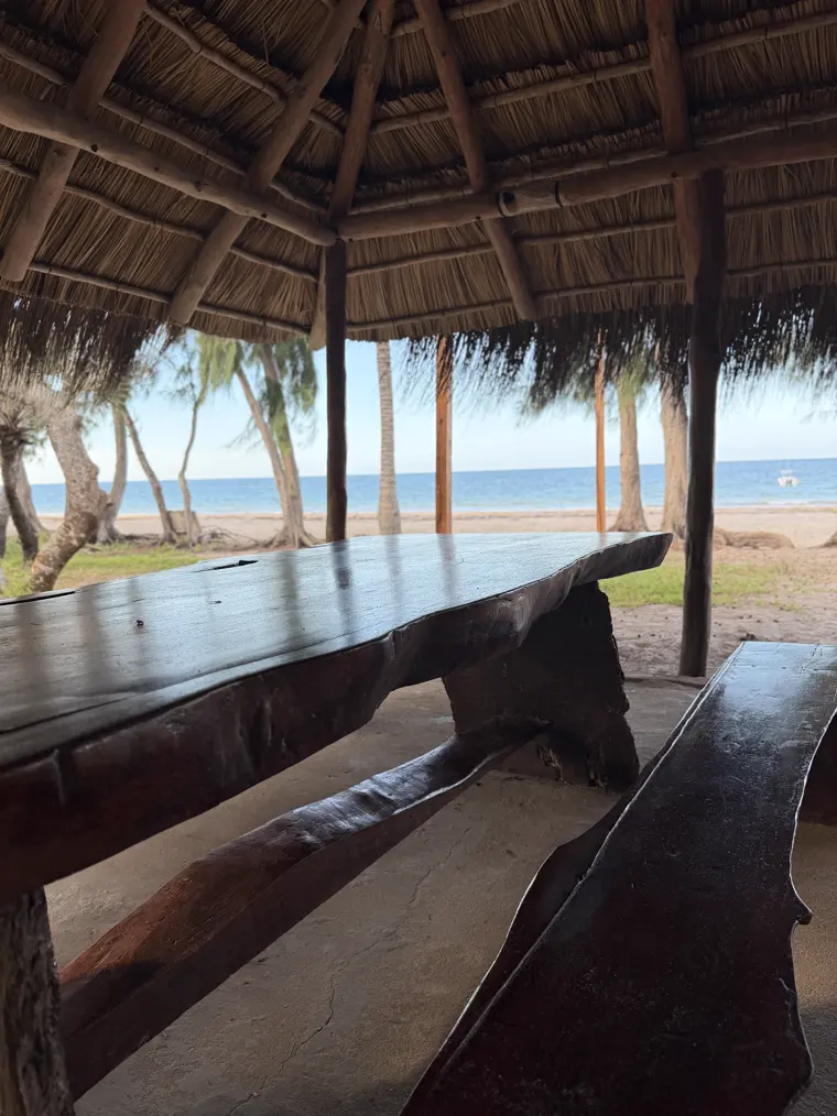 The long bar table looking onto the beach