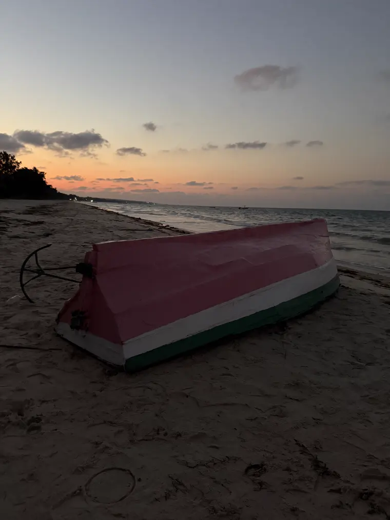A boat resting on the beach at dusk