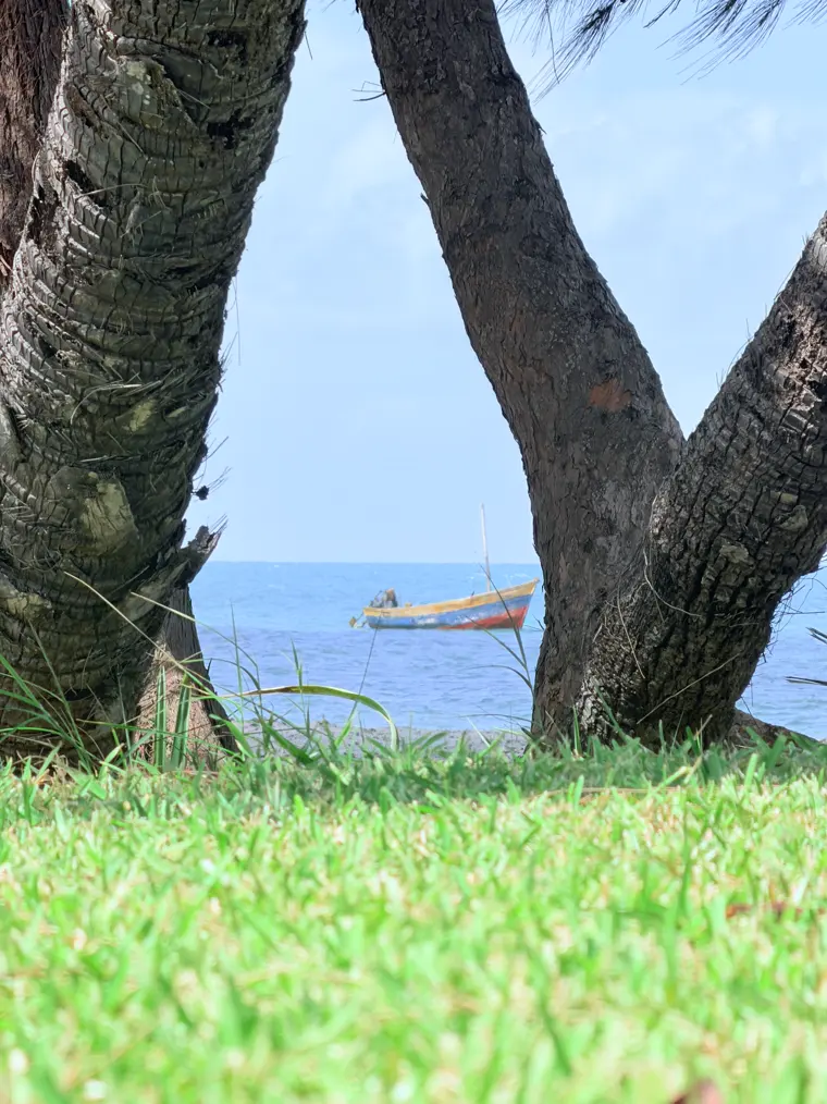 A boat offshore, seen from the grounds