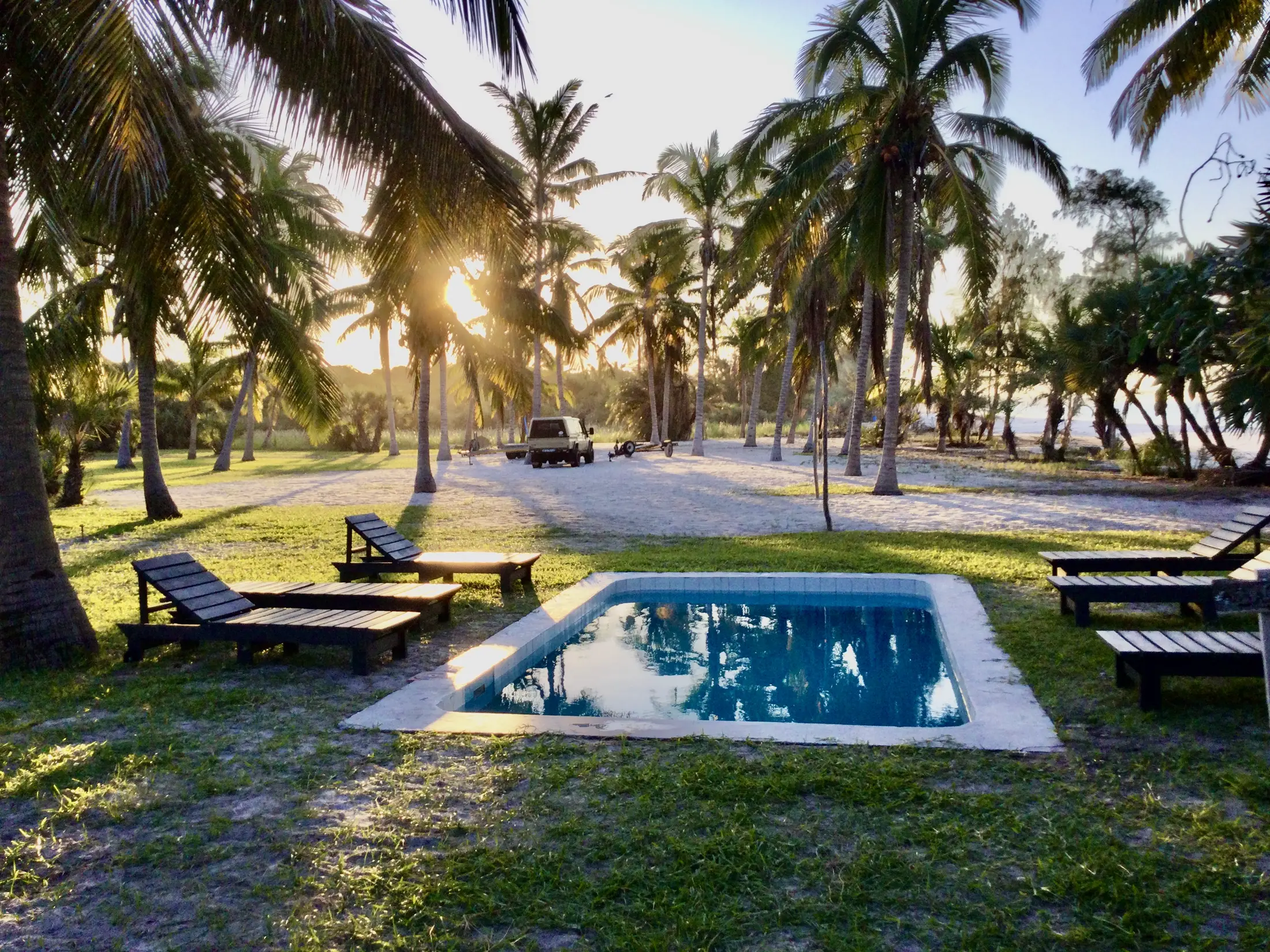 The pool between the palms at Bon Espoir, golden light on the loungers