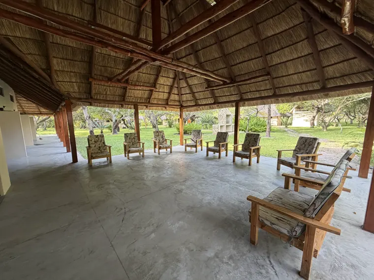 Under the thatch at the lodge veranda
